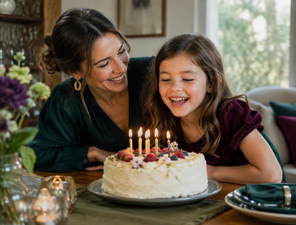 A mother and daughter sharing a joyful birthday moment