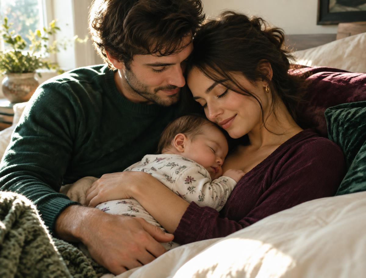 Parents holding their sleeping baby in a tender early family moment