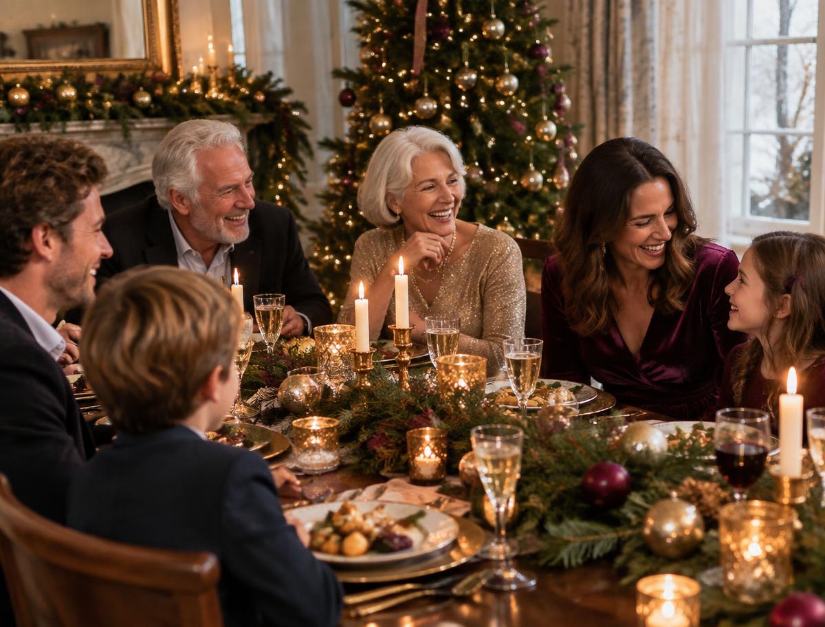 Generations of a family laughing together around a Christmas table