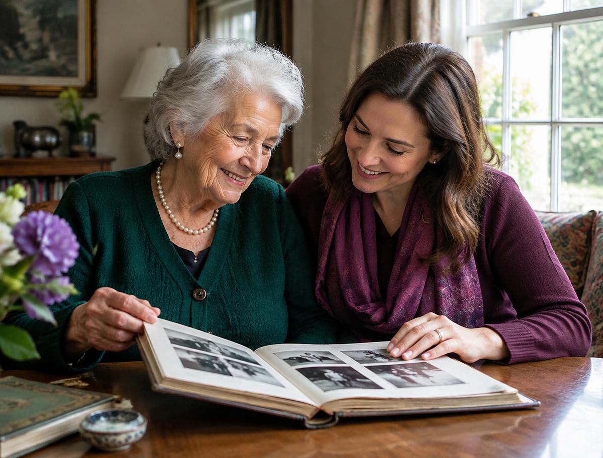 A grandmother and granddaughter revisiting a family photo album