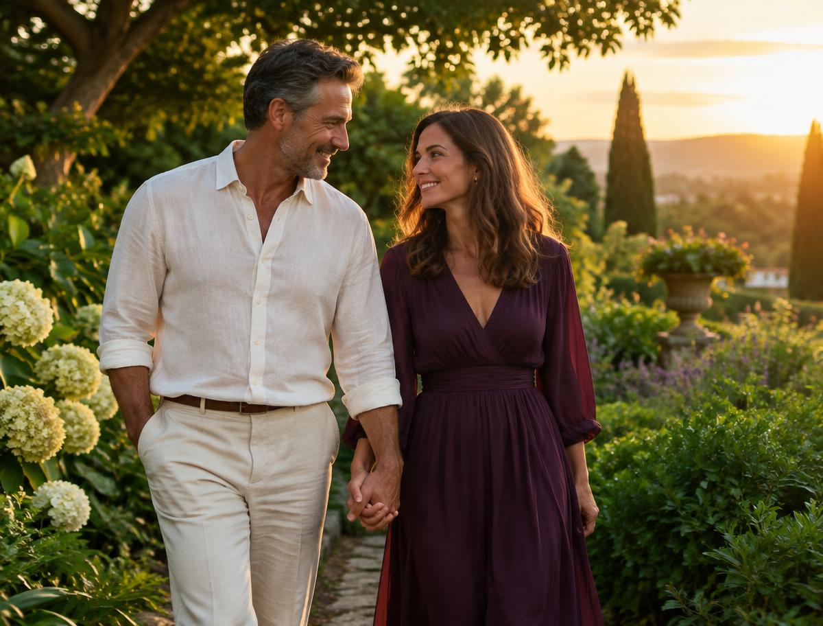 A couple holding hands in a sunlit garden
